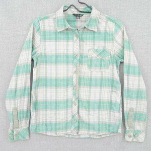 Volcom Shirt Women Small Green Plaid Flannel Long Sleeve Button Front Collared